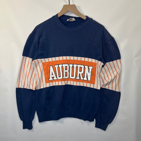 VTG Nutmeg Auburn Tigers Mens M Sweatshirt Navy Blue Orange Pinstripe Distressed